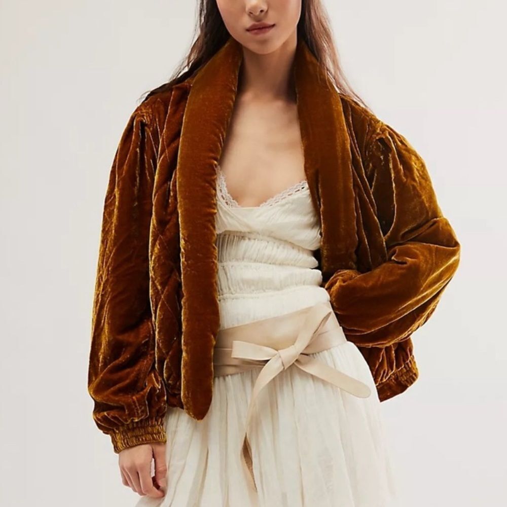 Free People Velvet Quilted  Topaz Gold Bomber Oversized Jacket(Size XS)